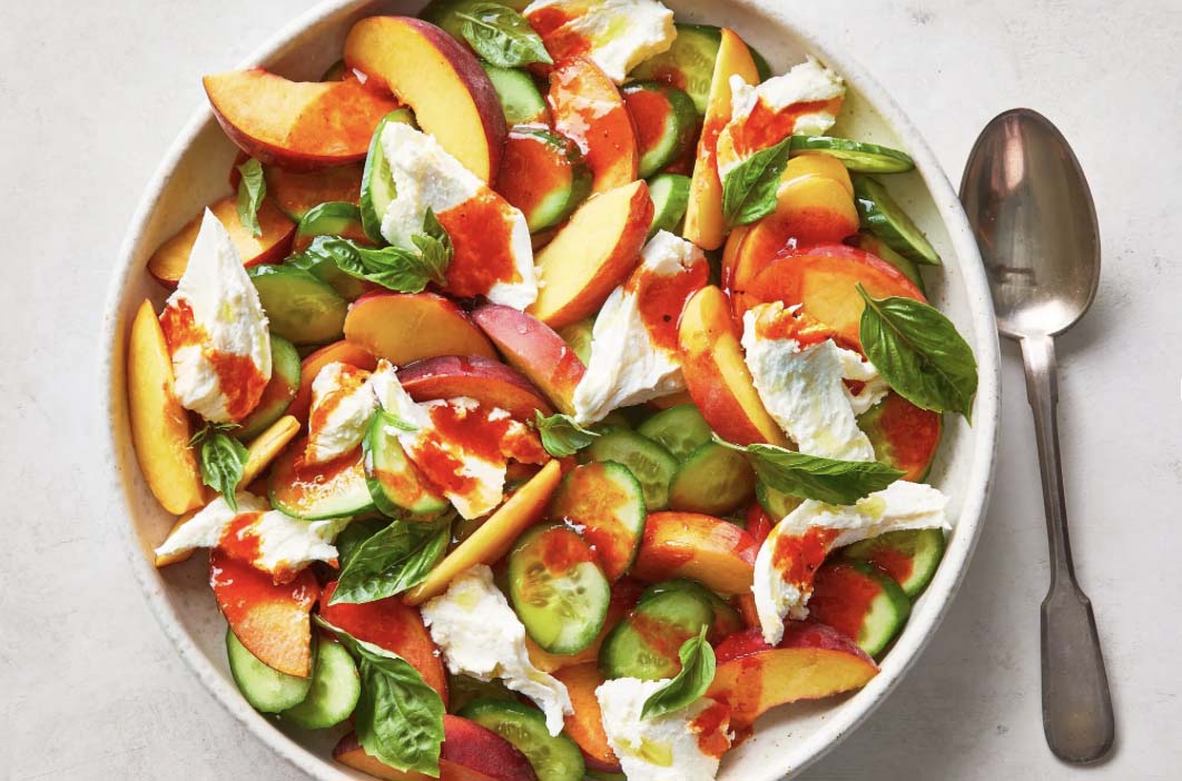 Peach, Cucumber and Mozzarella Salad with Gochujang Vinaigrette
